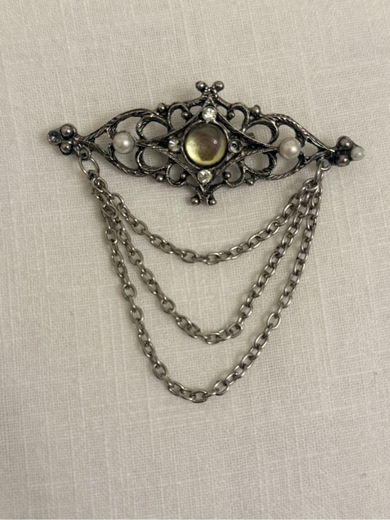 Source Unknown Jewelry - Vtg 1980s Victorian Revival Silver Filigree Brooch Pin Triple Swag Dangle Chain